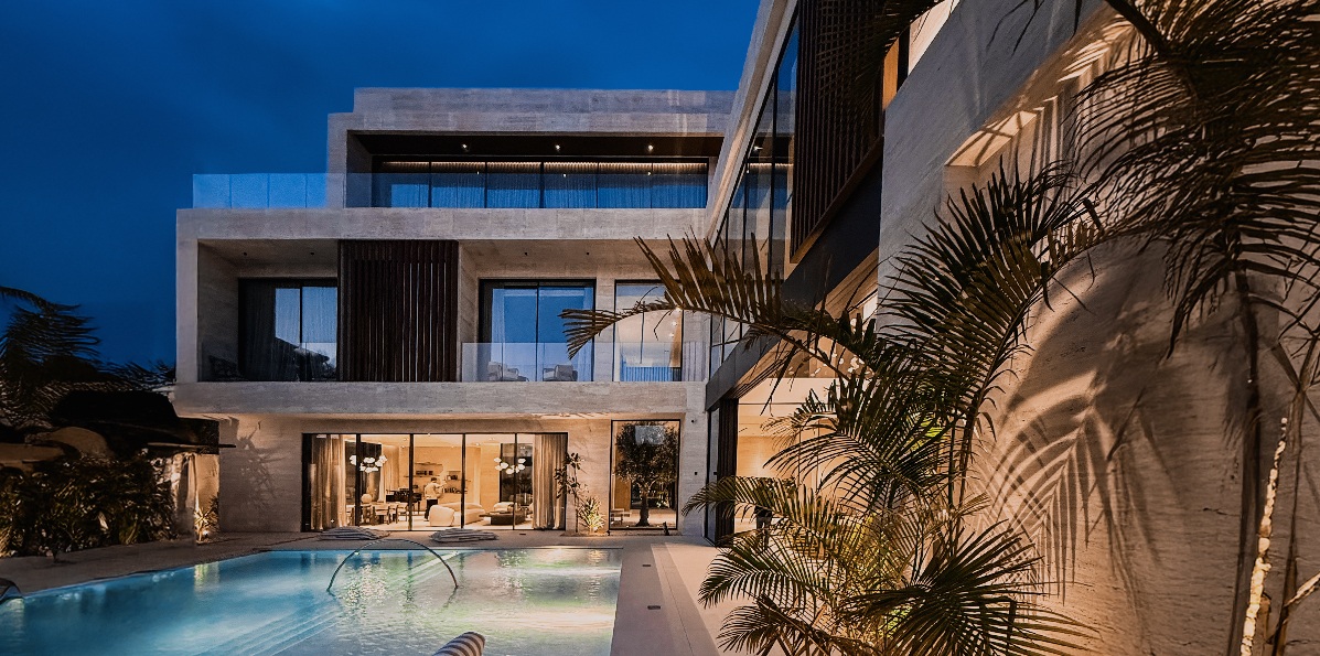 Pool facade in the evening