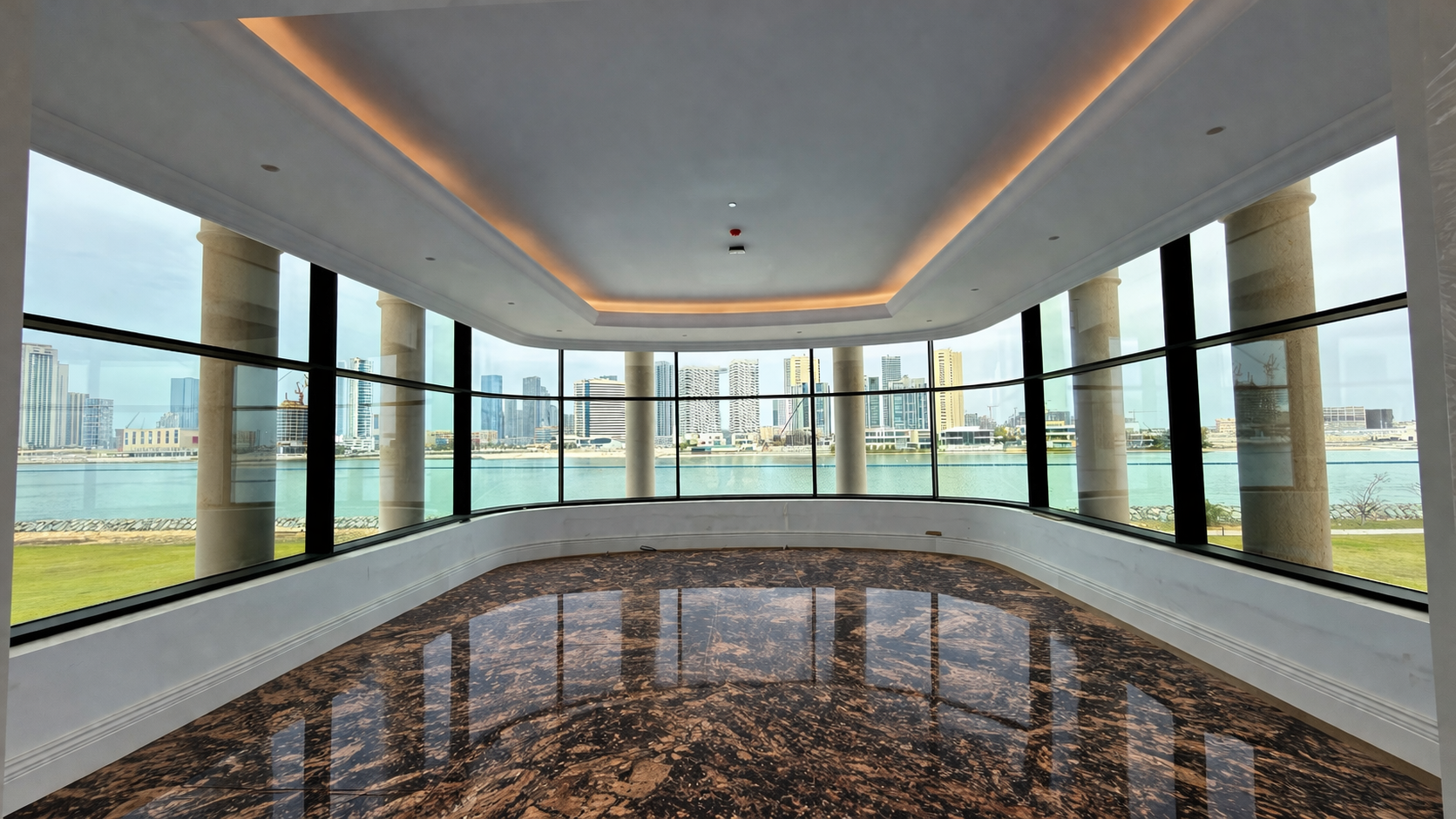 Curved waterfront glazing interior