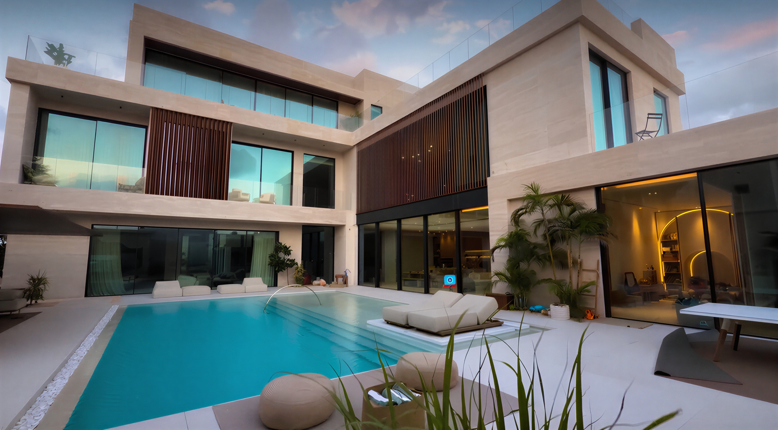 Pool courtyard at twilight