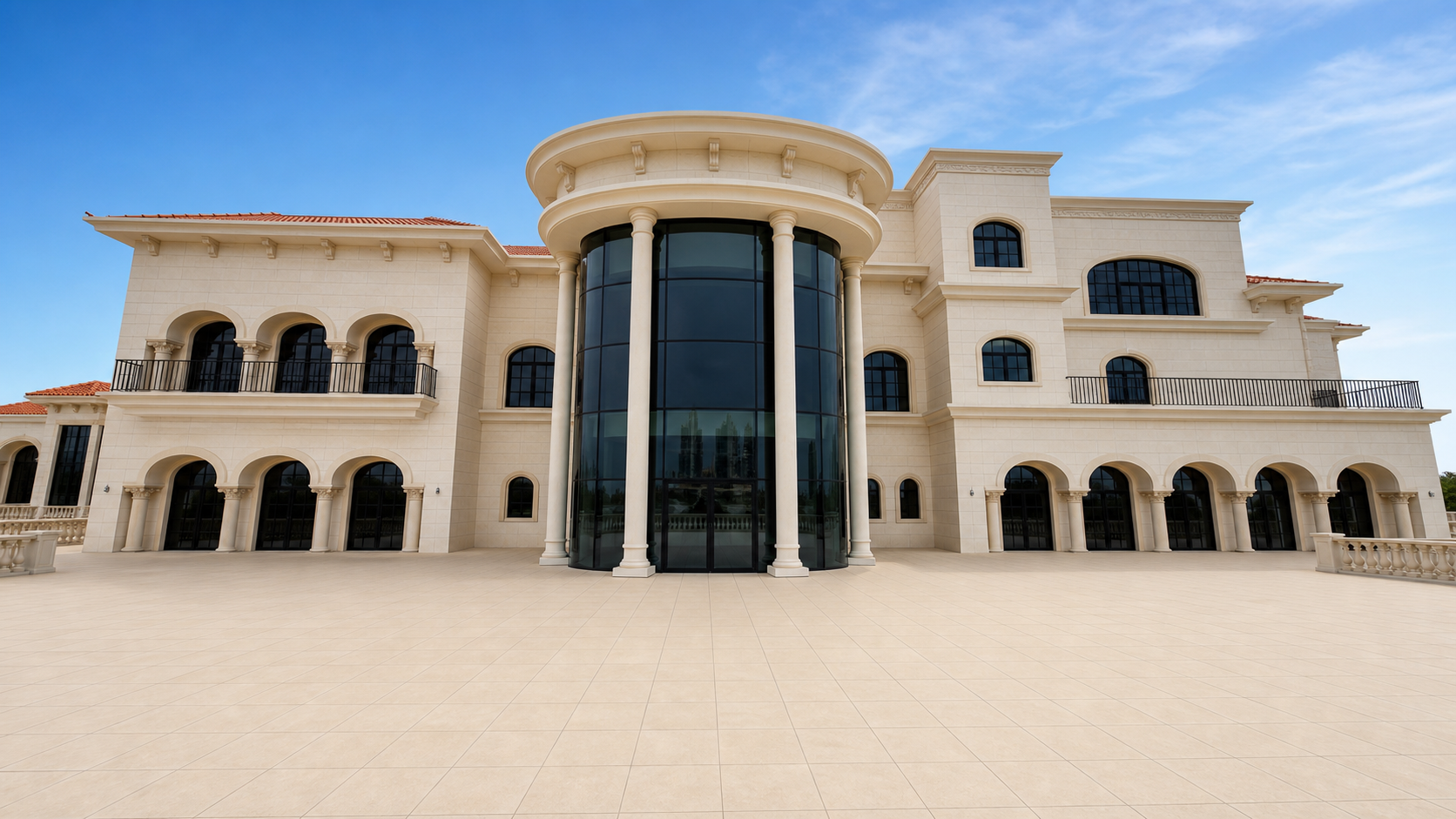 Palace facade with curved central glass and black framed arched openings