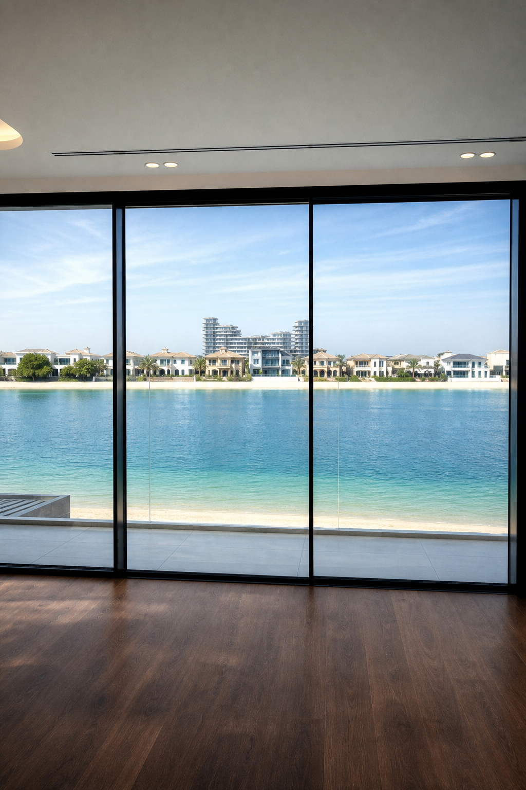 Waterfront interior with large black framed glass span facing the sea